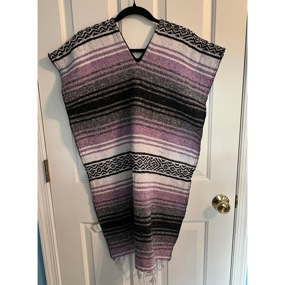 Vintage‎ Frank's Textiles Poncho Purple Black Striped Mexican Serape Recycled - Picture 4 of 4